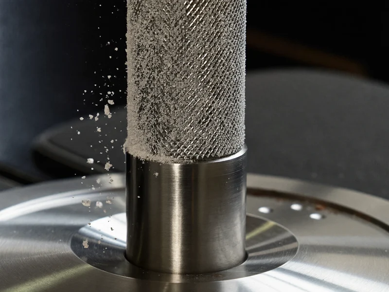 Nahaufnahme eines gerändelten Hantelgriffs mit feinem Magnesiastaub und geringer Schärfentiefe