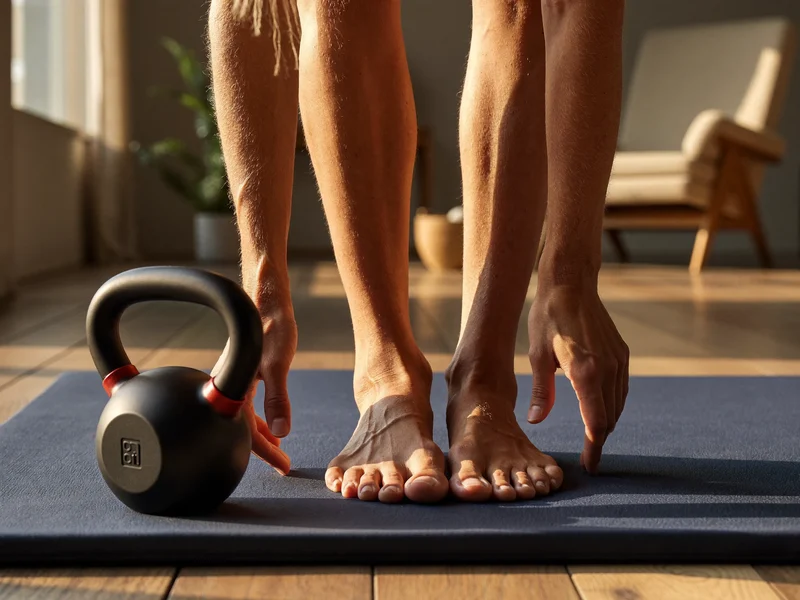 Hände und Füsse auf der Matte neben einer Kettlebell im ruhigen Wohnzimmer