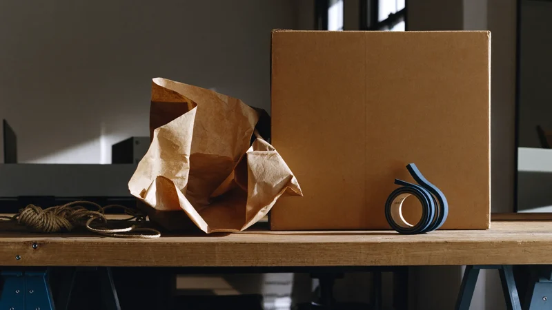 Versandkarton, Kraftpapier und Schnur neben einem gefalteten Widerstandsband auf der Werkbank
